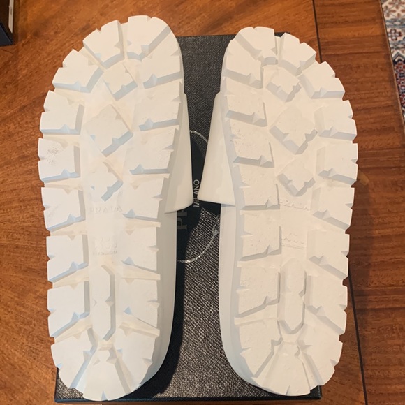 Prada Men’s silkscreen logo print slides sandals White leather New US 12 & 12.5 - Picture 13 of 14